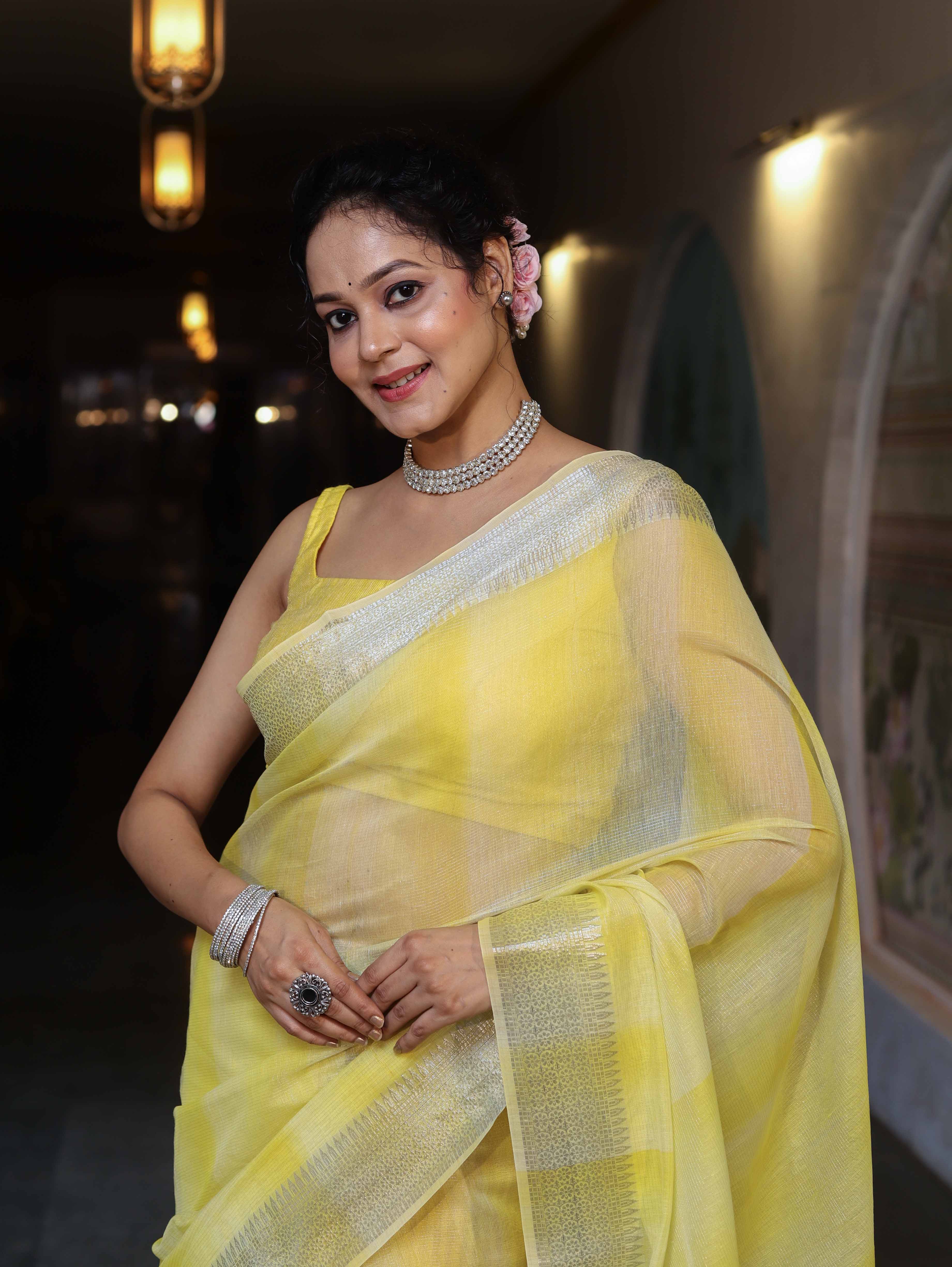 Banarasee Handloom Linen Tissue Saree With Silver Zari Stripes & Border-Light Yellow