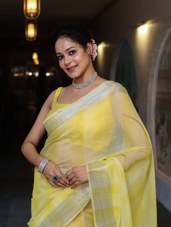 Banarasee Handloom Linen Tissue Saree With Silver Zari Stripes & Border-Light Yellow