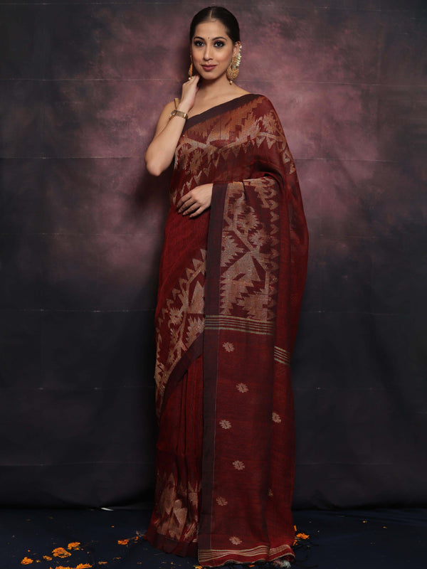 Handwoven Pure Linen Saree With Jamdani Weaving-Maroon