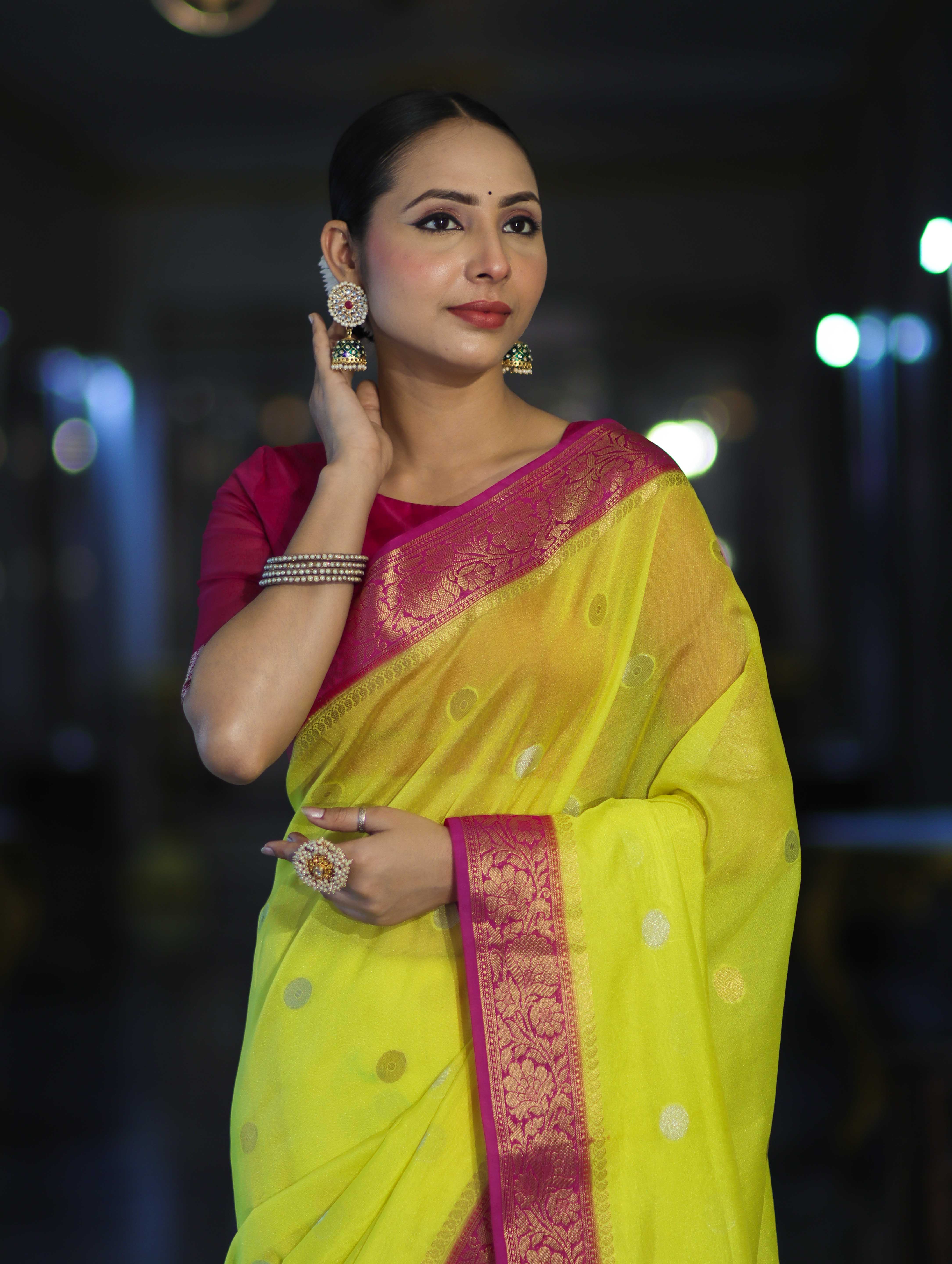 Banarasee Semi Chiffon Saree With Zari Buti Design & Contrast Border-Neon Yellow & Magenta