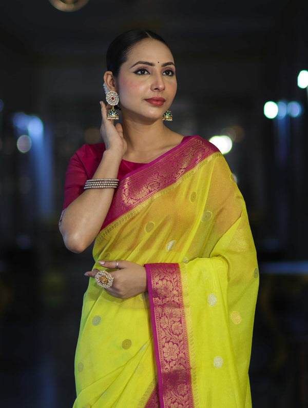 Banarasee Semi Chiffon Saree With Zari Buti Design & Contrast Border-Neon Yellow & Magenta