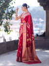 Banarasee Semi Chiffon Saree With Floral Zari Work & Border-Maroon