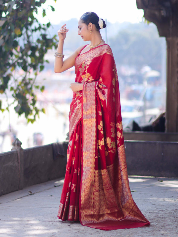 Banarasee Semi Chiffon Saree With Floral Zari Work & Border-Maroon