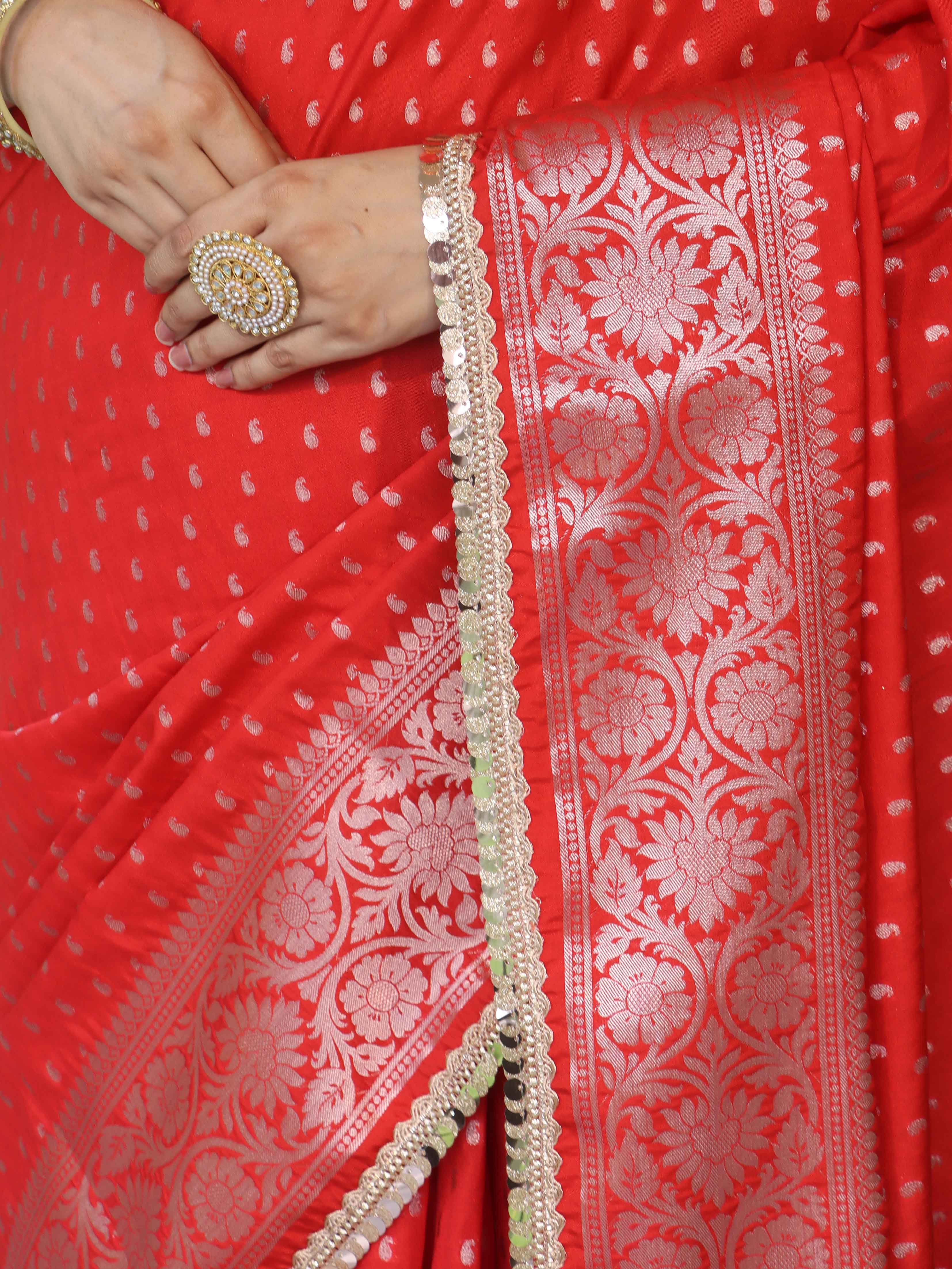 Banarasee Handwoven Semi Silk Saree With Zari Buti Design Floral Border & Lace-Red