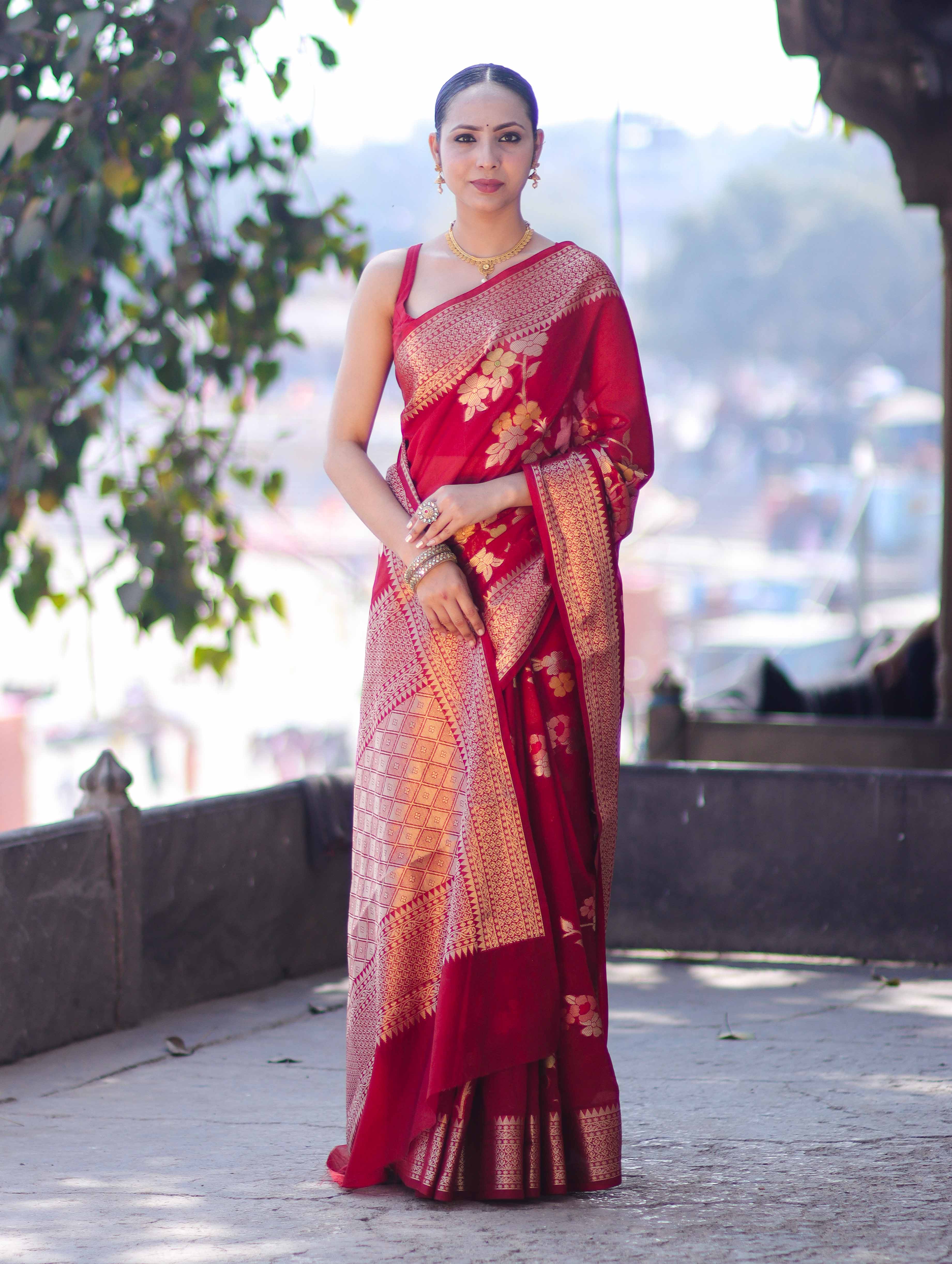 Banarasee Semi Chiffon Saree With Floral Zari Work & Border-Maroon