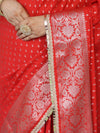 Banarasee Handwoven Semi Silk Saree With Zari Buti Design Floral Border & Lace-Red