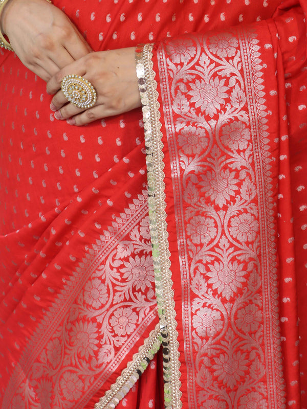 Banarasee Handwoven Semi Silk Saree With Zari Buti Design Floral Border & Lace-Red