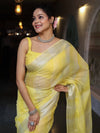 Banarasee Handloom Linen Tissue Saree With Silver Zari Stripes & Border-Light Yellow