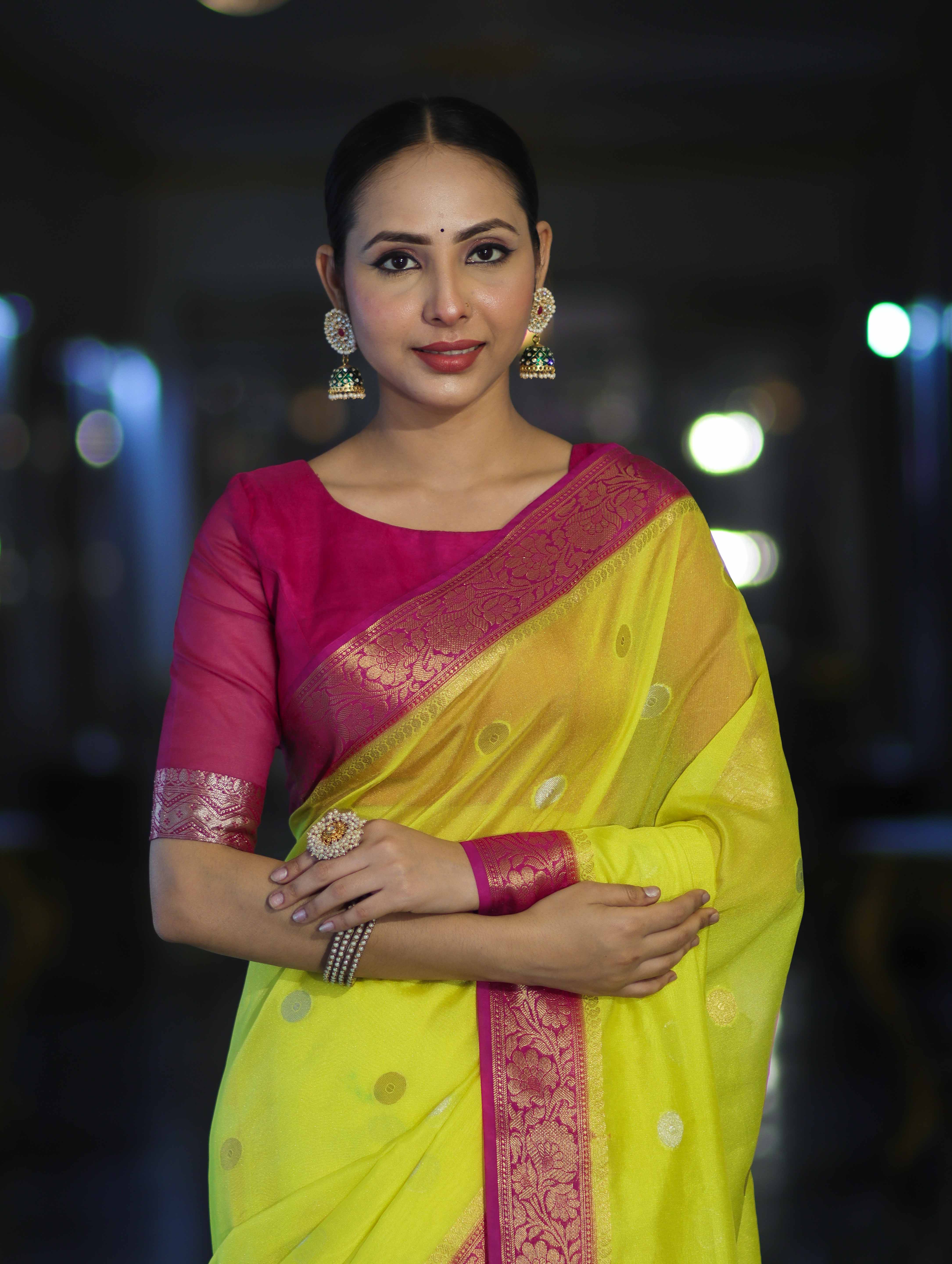 Banarasee Semi Chiffon Saree With Zari Buti Design & Contrast Border-Neon Yellow & Magenta