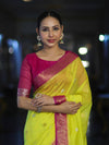 Banarasee Semi Chiffon Saree With Zari Buti Design & Contrast Border-Neon Yellow & Magenta