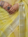 Banarasee Handloom Linen Tissue Saree With Silver Zari Stripes & Border-Light Yellow