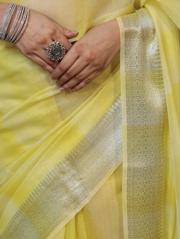 Banarasee Handloom Linen Tissue Saree With Silver Zari Stripes & Border-Light Yellow