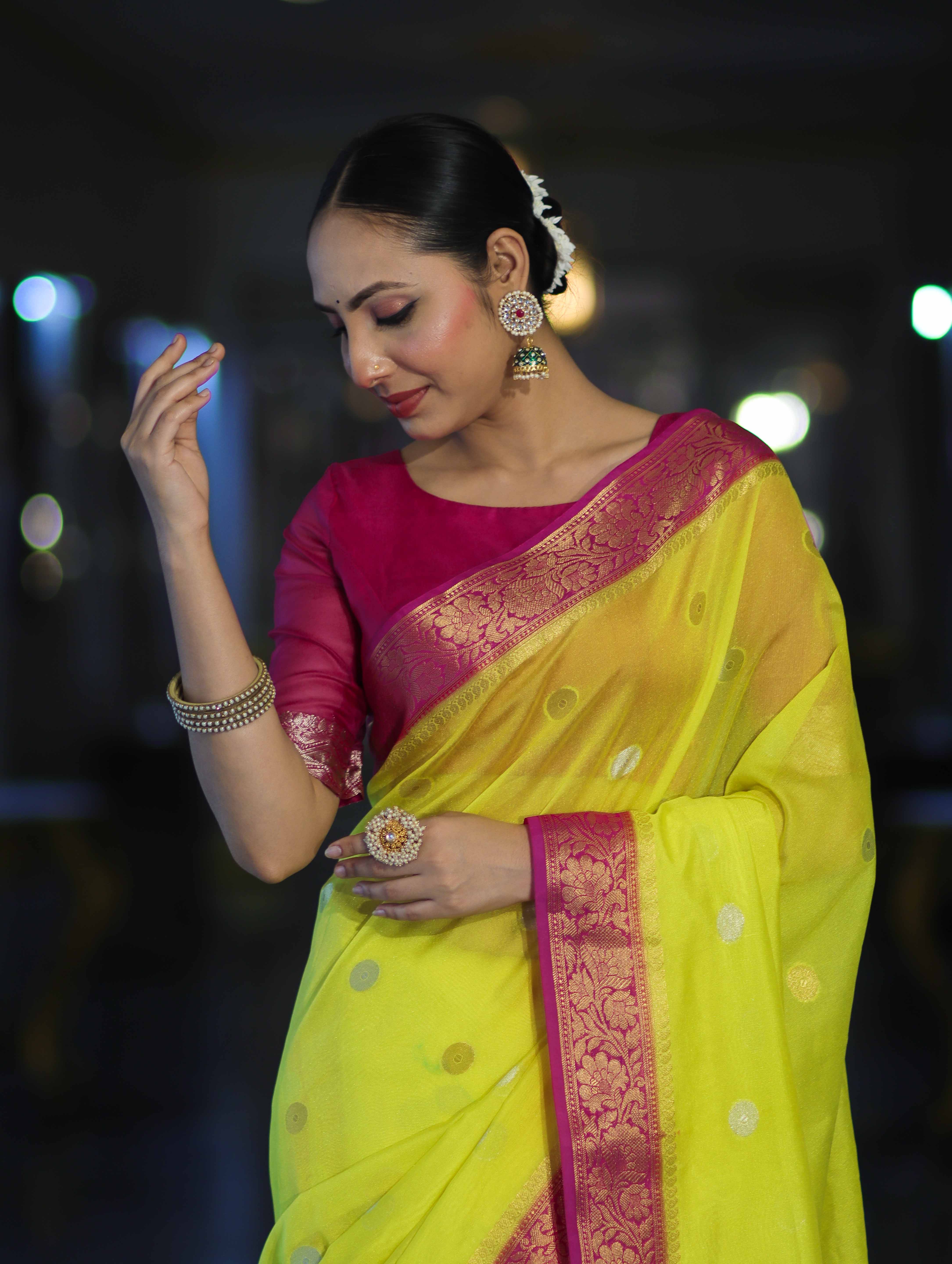 Banarasee Semi Chiffon Saree With Zari Buti Design & Contrast Border-Neon Yellow & Magenta