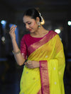 Banarasee Semi Chiffon Saree With Zari Buti Design & Contrast Border-Neon Yellow & Magenta