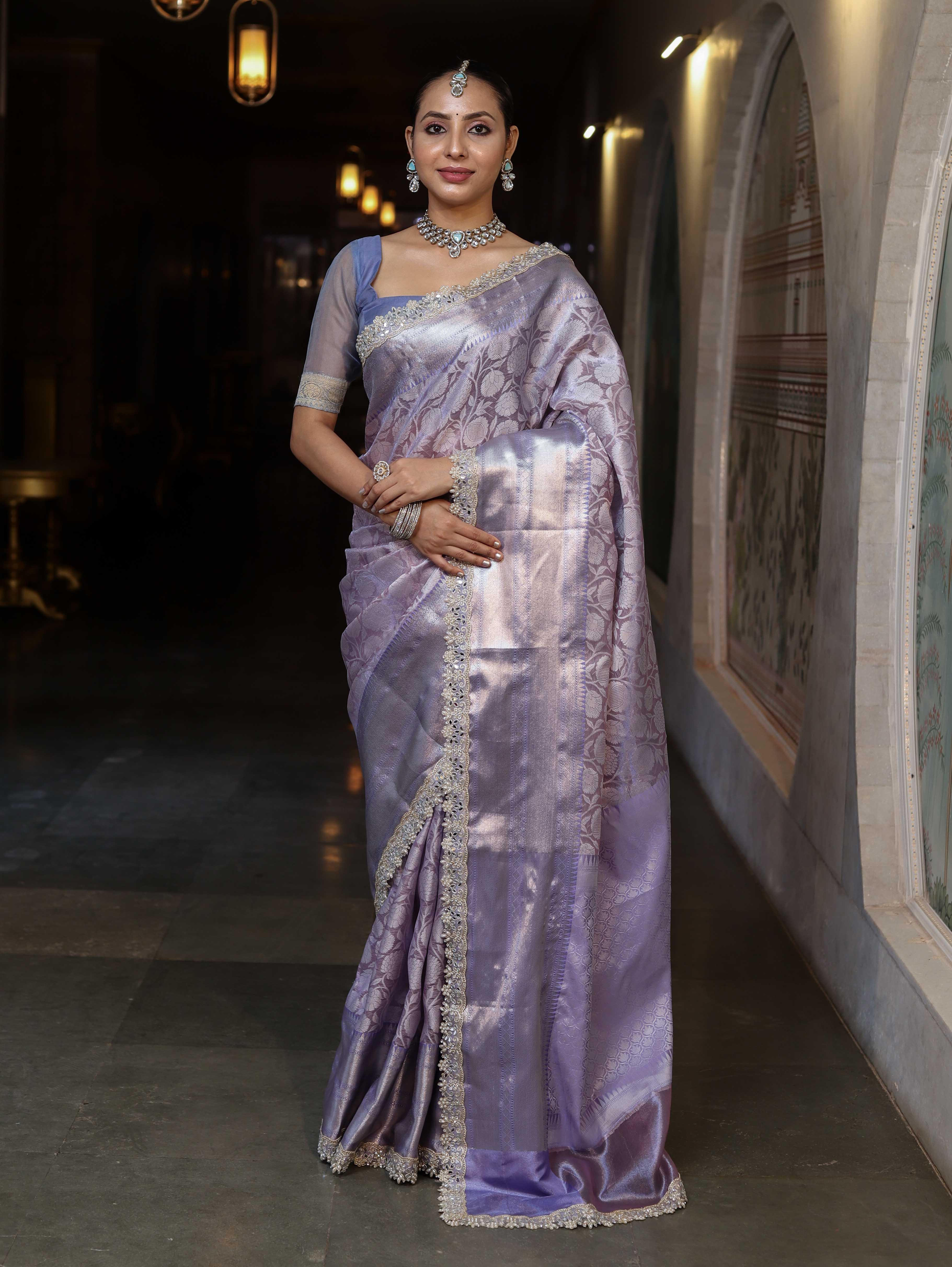 Banarasee Handwoven Tissue Saree With Zari Woven Design Contrast Border & Lace-Lavender & Light Blue