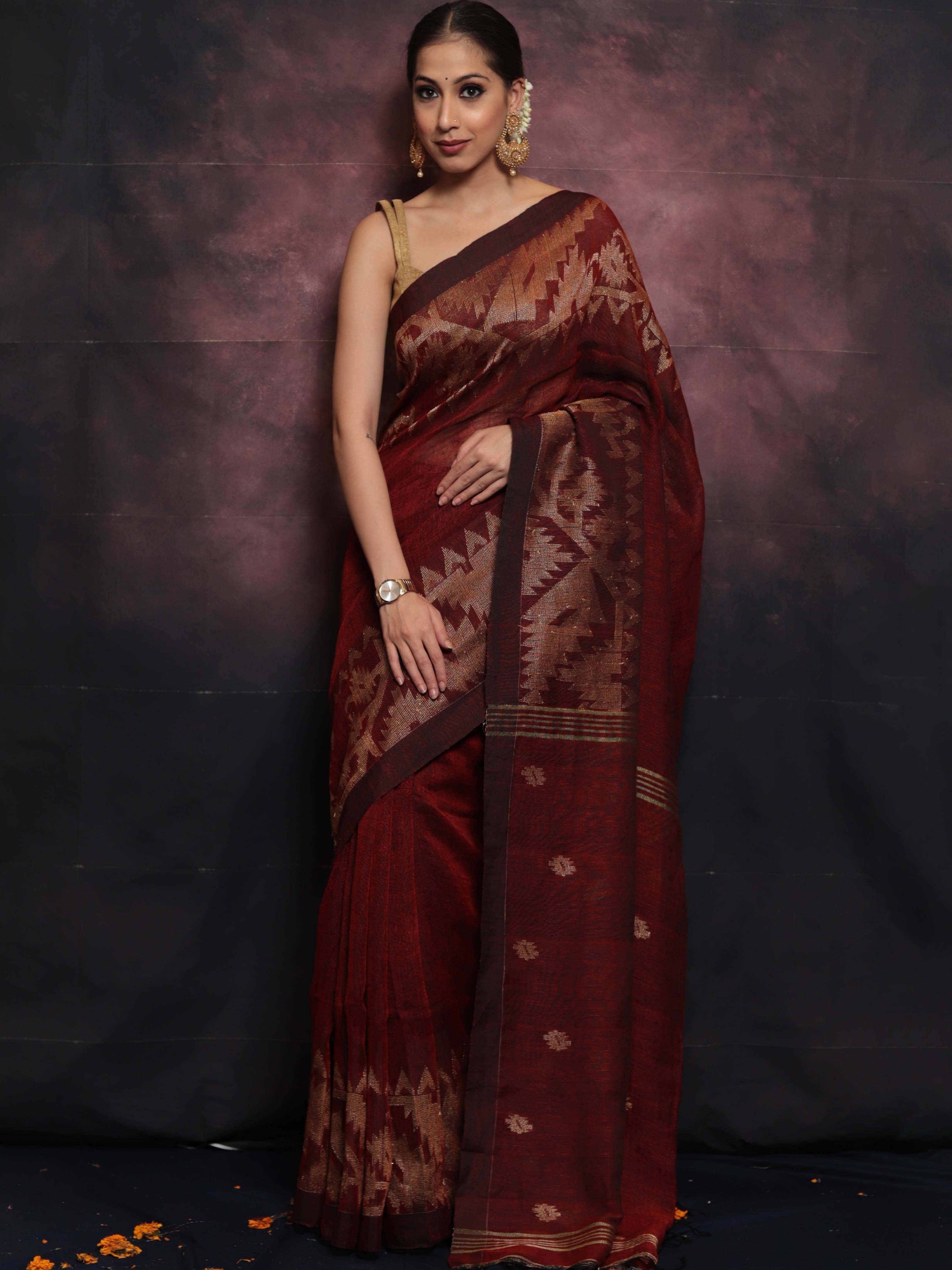Handwoven Pure Linen Saree With Jamdani Weaving-Maroon