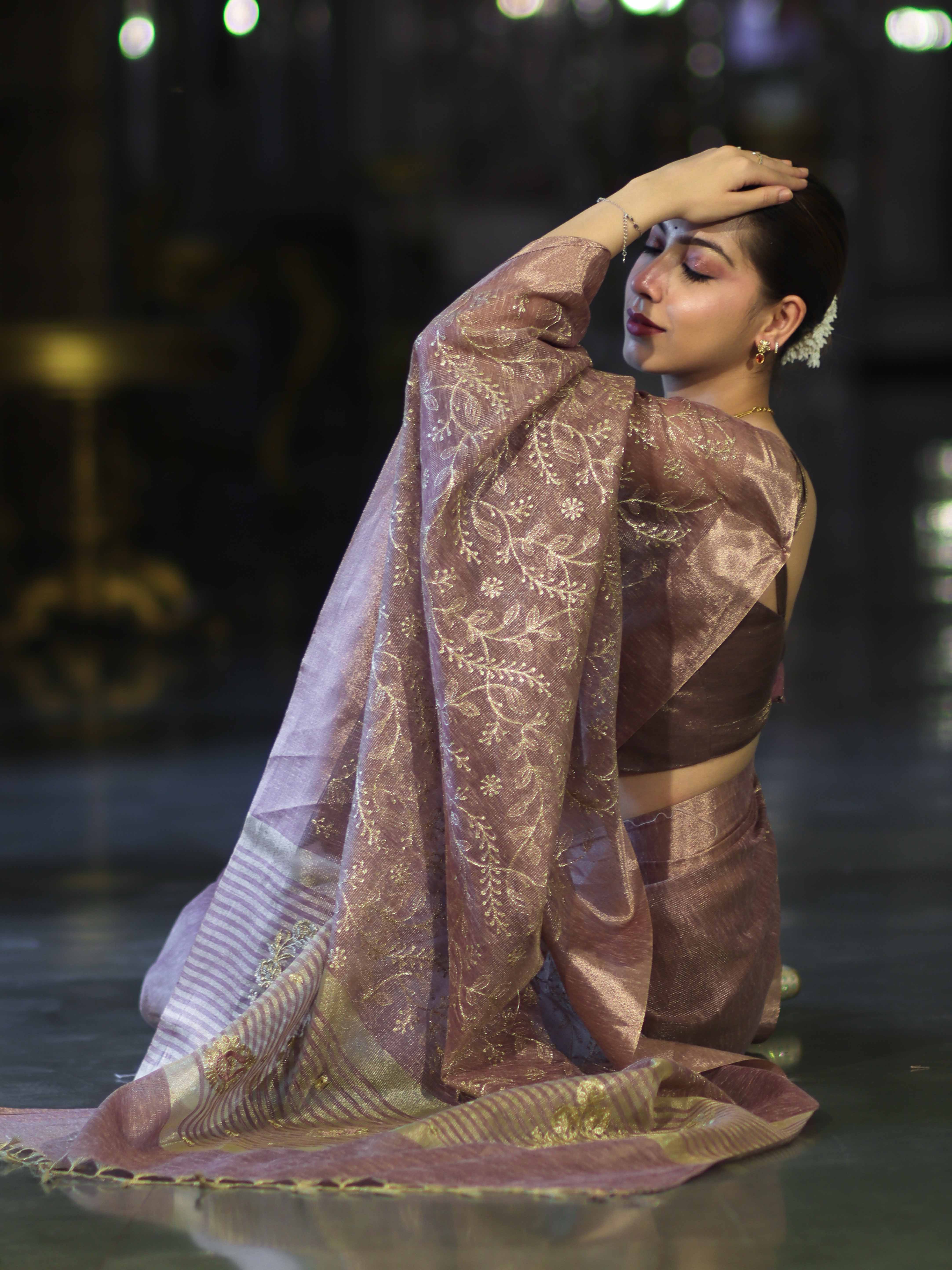 Banarasee Handloom Tissue Saree With Zari Thread Floral Embroidery & Border-Mauve
