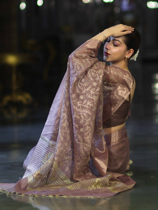 Banarasee Handloom Tissue Saree With Zari Thread Floral Embroidery & Border-Mauve