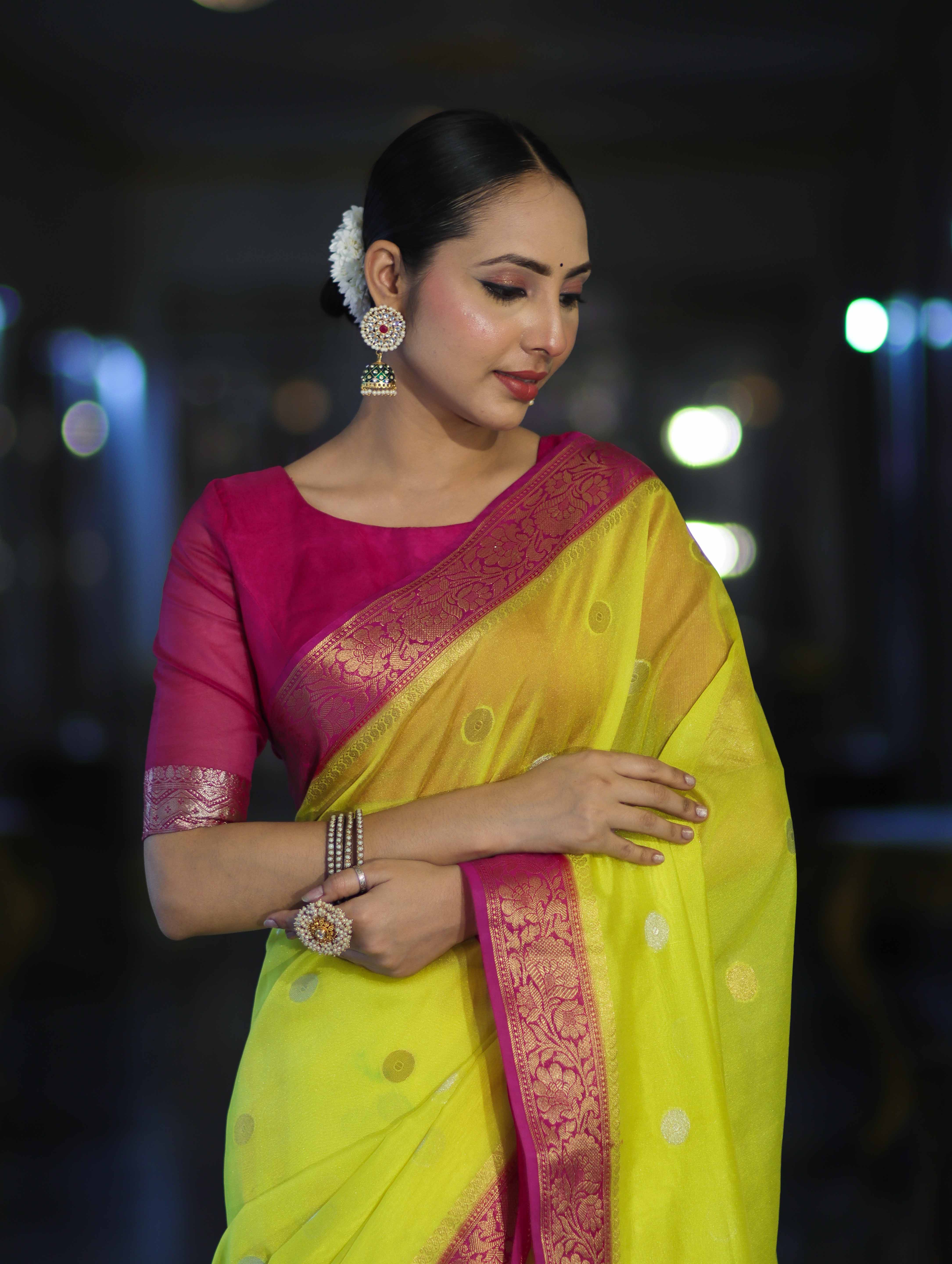 Banarasee Semi Chiffon Saree With Zari Buti Design & Contrast Border-Neon Yellow & Magenta