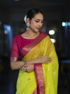Banarasee Semi Chiffon Saree With Zari Buti Design & Contrast Border-Neon Yellow & Magenta