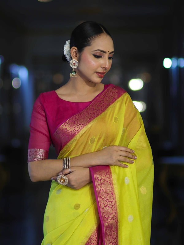 Banarasee Semi Chiffon Saree With Zari Buti Design & Contrast Border-Neon Yellow & Magenta