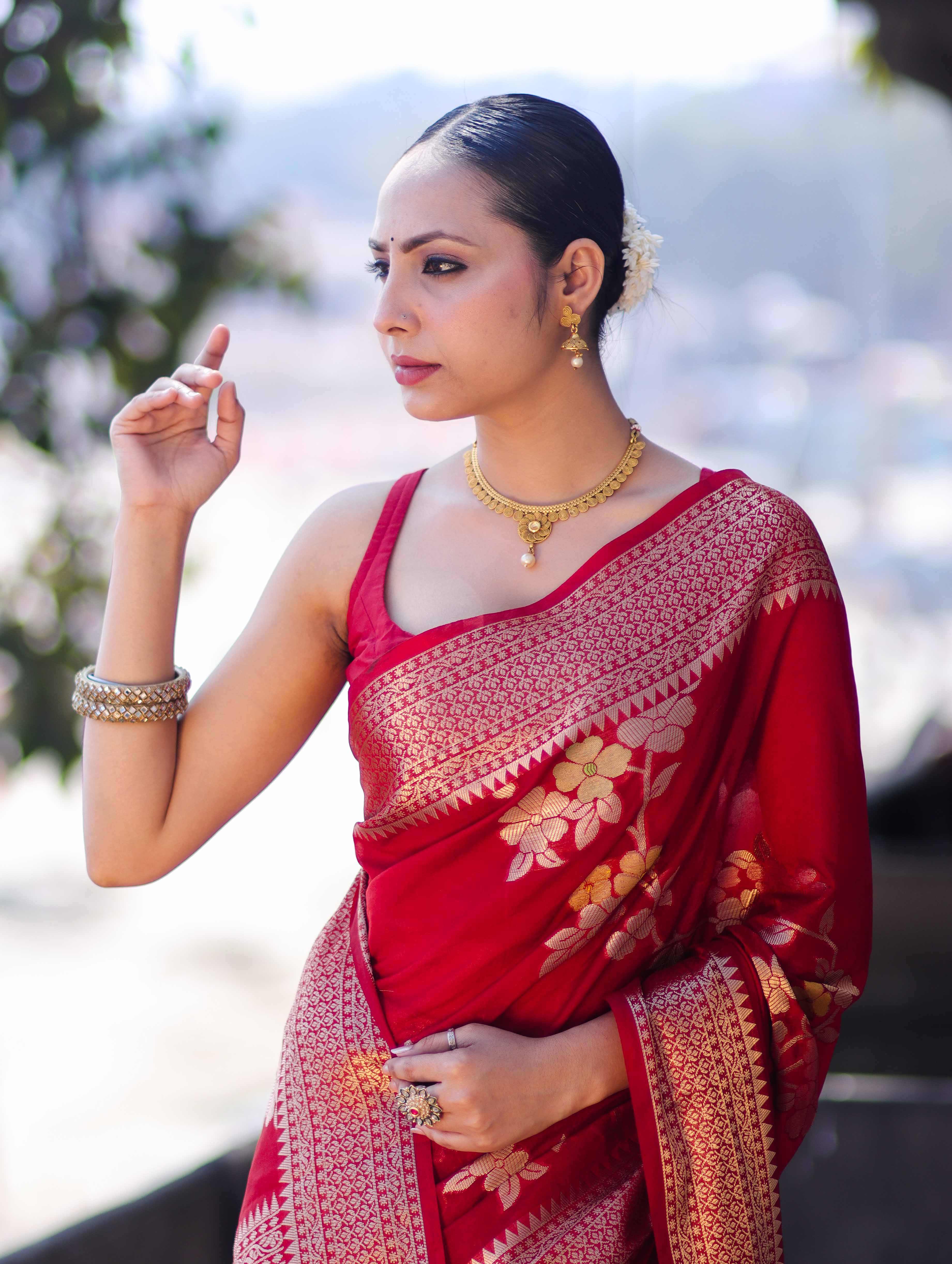 Banarasee Semi Chiffon Saree With Floral Zari Work & Border-Maroon