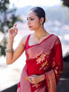 Banarasee Semi Chiffon Saree With Floral Zari Work & Border-Maroon