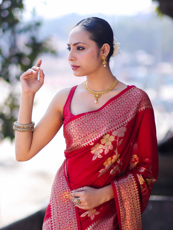 Banarasee Semi Chiffon Saree With Floral Zari Work & Border-Maroon