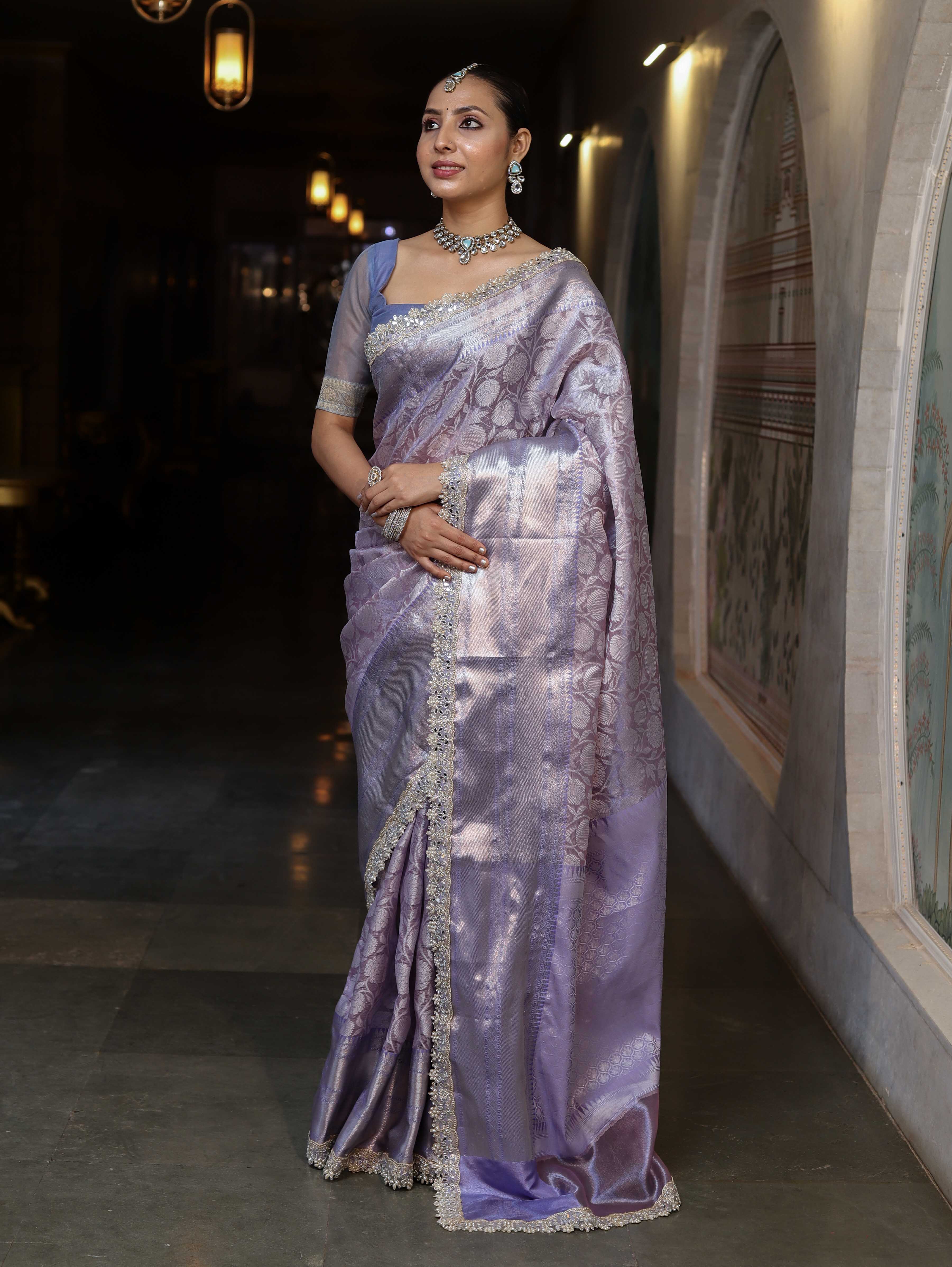 Banarasee Handwoven Tissue Saree With Zari Woven Design Contrast Border & Lace-Lavender & Light Blue