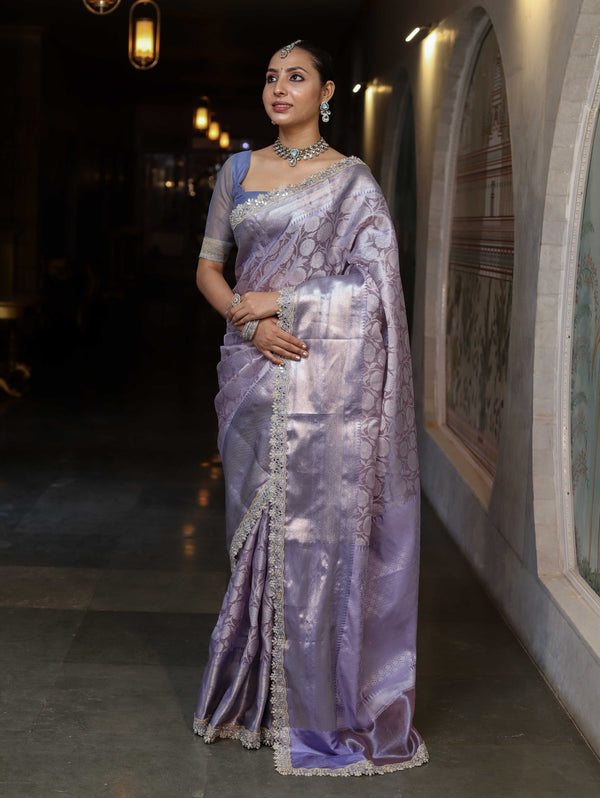 Banarasee Handwoven Tissue Saree With Zari Woven Design Contrast Border & Lace-Lavender & Light Blue