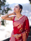 Banarasee Semi Chiffon Saree With Floral Zari Work & Border-Maroon