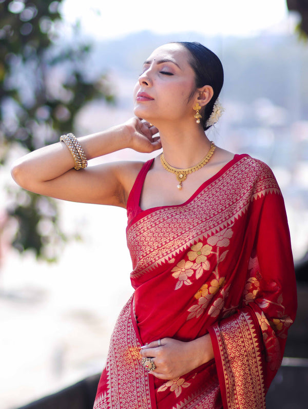 Banarasee Semi Chiffon Saree With Floral Zari Work & Border-Maroon
