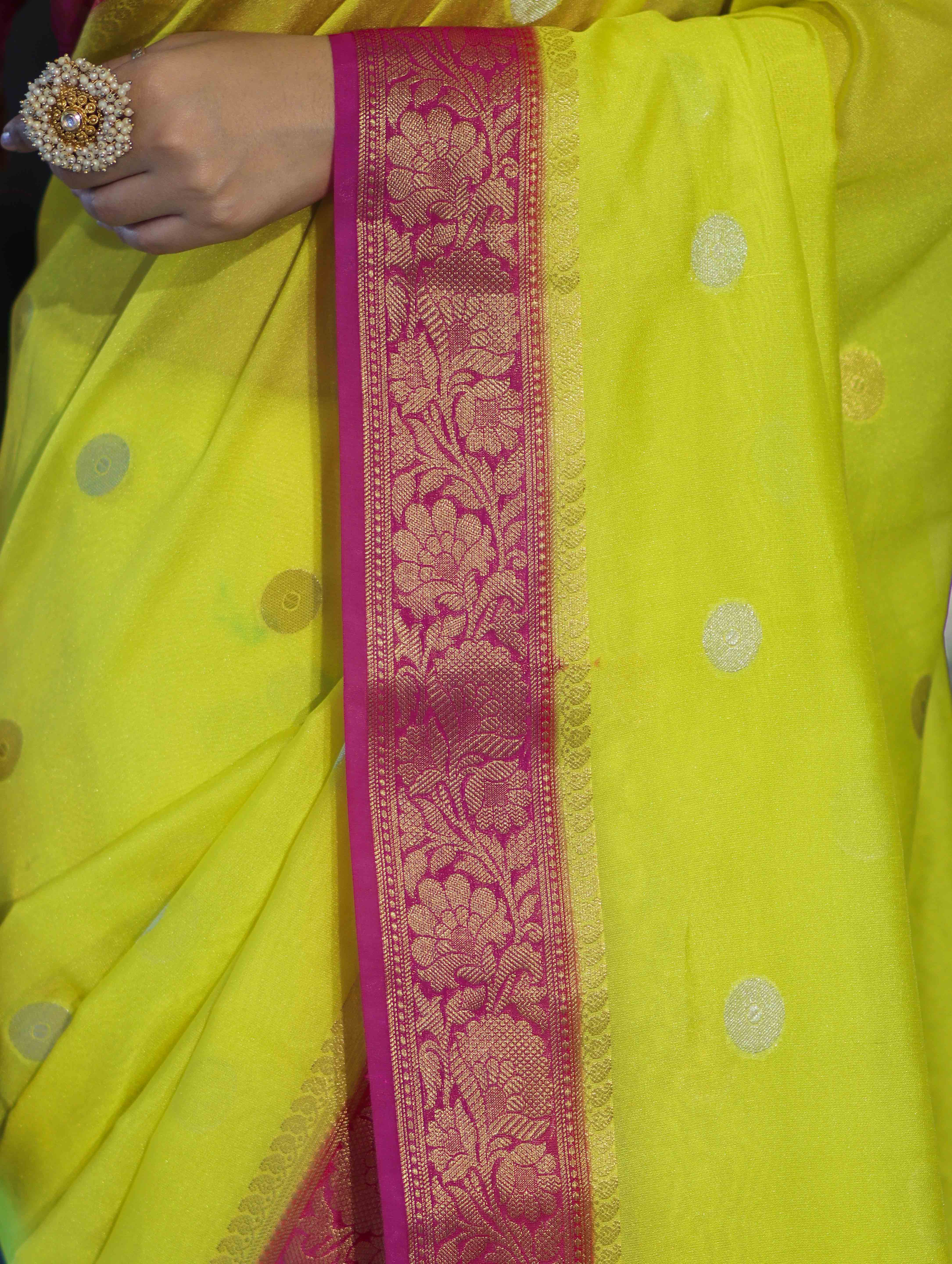 Banarasee Semi Chiffon Saree With Zari Buti Design & Contrast Border-Neon Yellow & Magenta