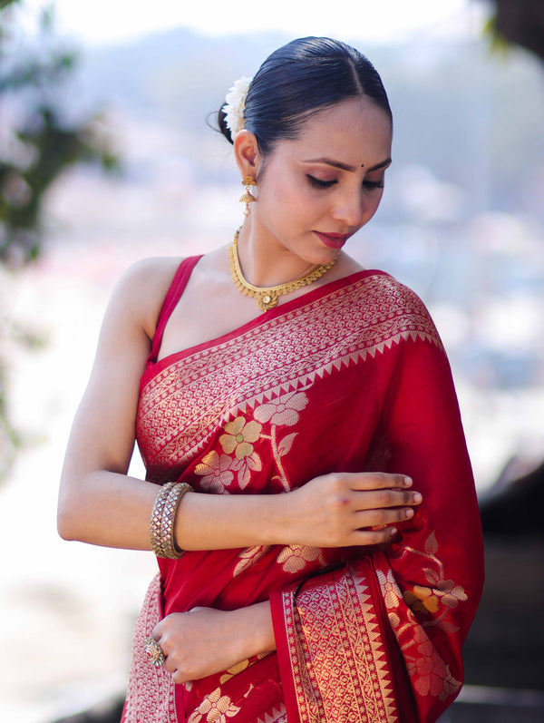 Banarasee Semi Chiffon Saree With Floral Zari Work & Border-Maroon
