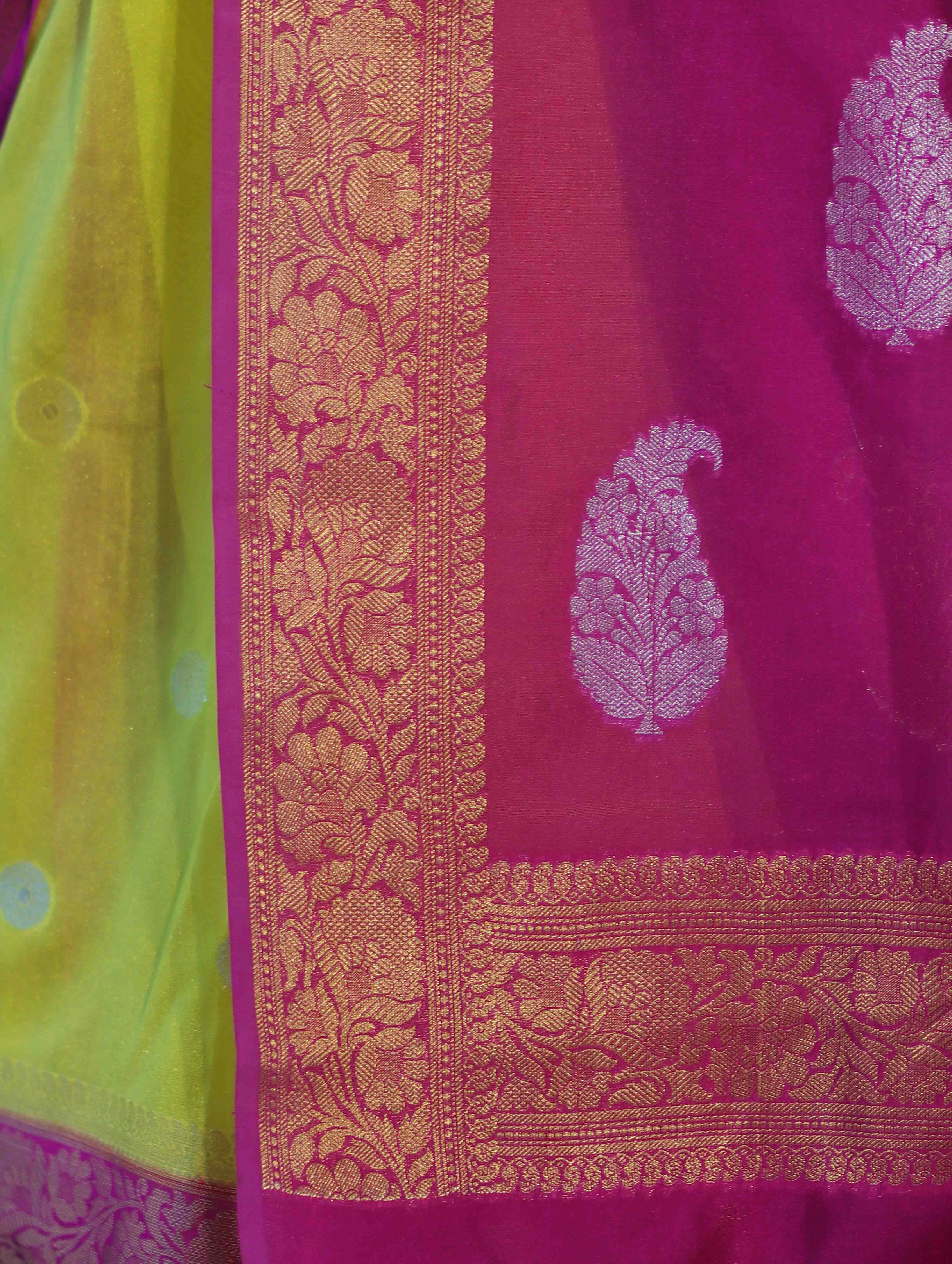 Banarasee Semi Chiffon Saree With Zari Buti Design & Contrast Border-Neon Yellow & Magenta