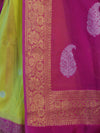 Banarasee Semi Chiffon Saree With Zari Buti Design & Contrast Border-Neon Yellow & Magenta