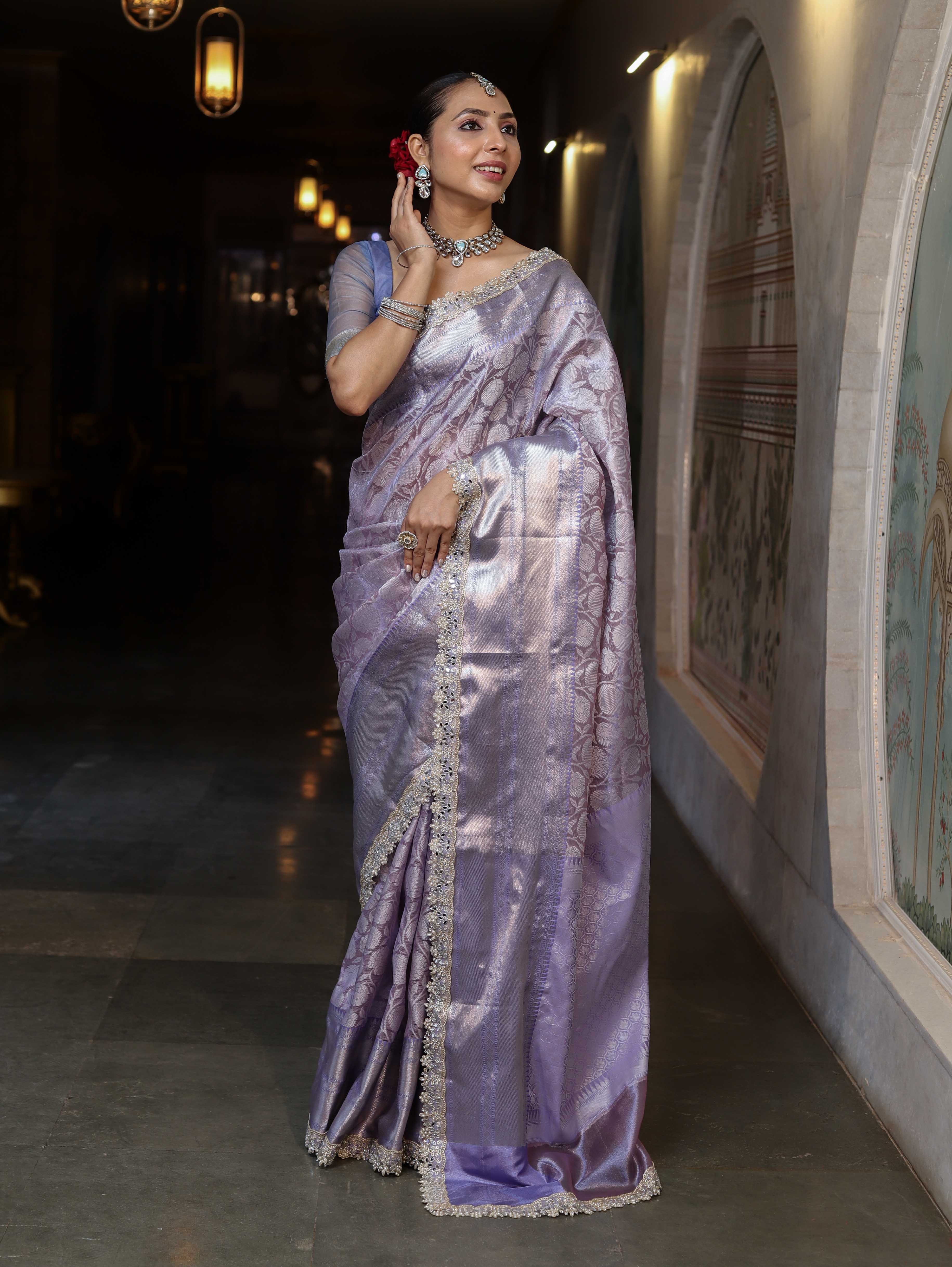 Banarasee Handwoven Tissue Saree With Zari Woven Design Contrast Border & Lace-Lavender & Light Blue