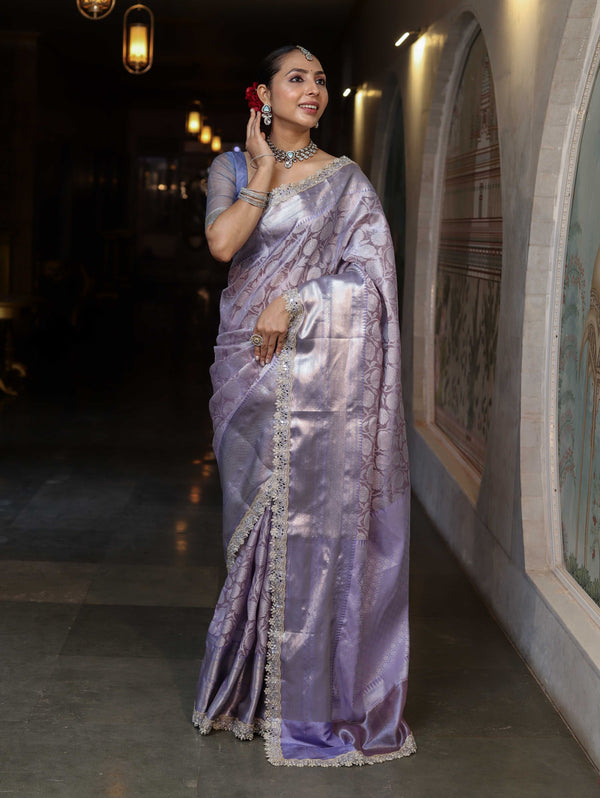 Banarasee Handwoven Tissue Saree With Zari Woven Design Contrast Border & Lace-Lavender & Light Blue