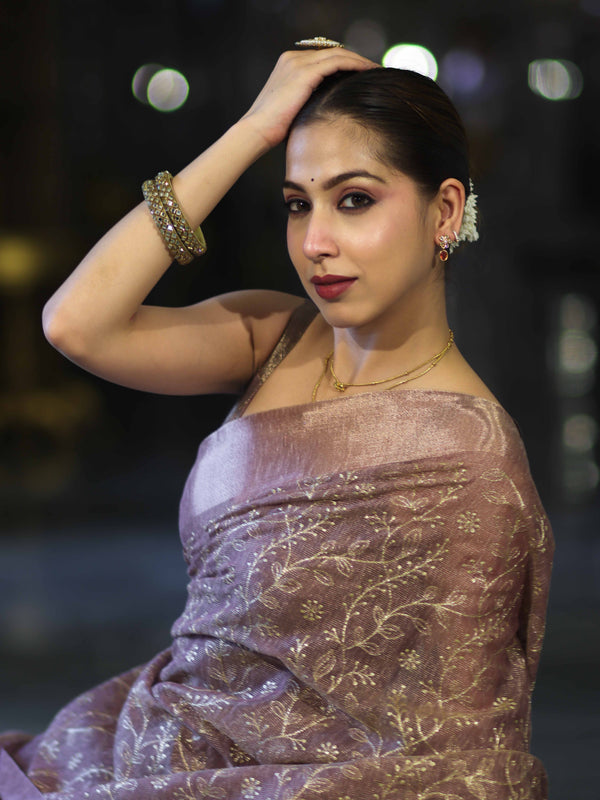 Banarasee Handloom Tissue Saree With Zari Thread Floral Embroidery & Border-Mauve