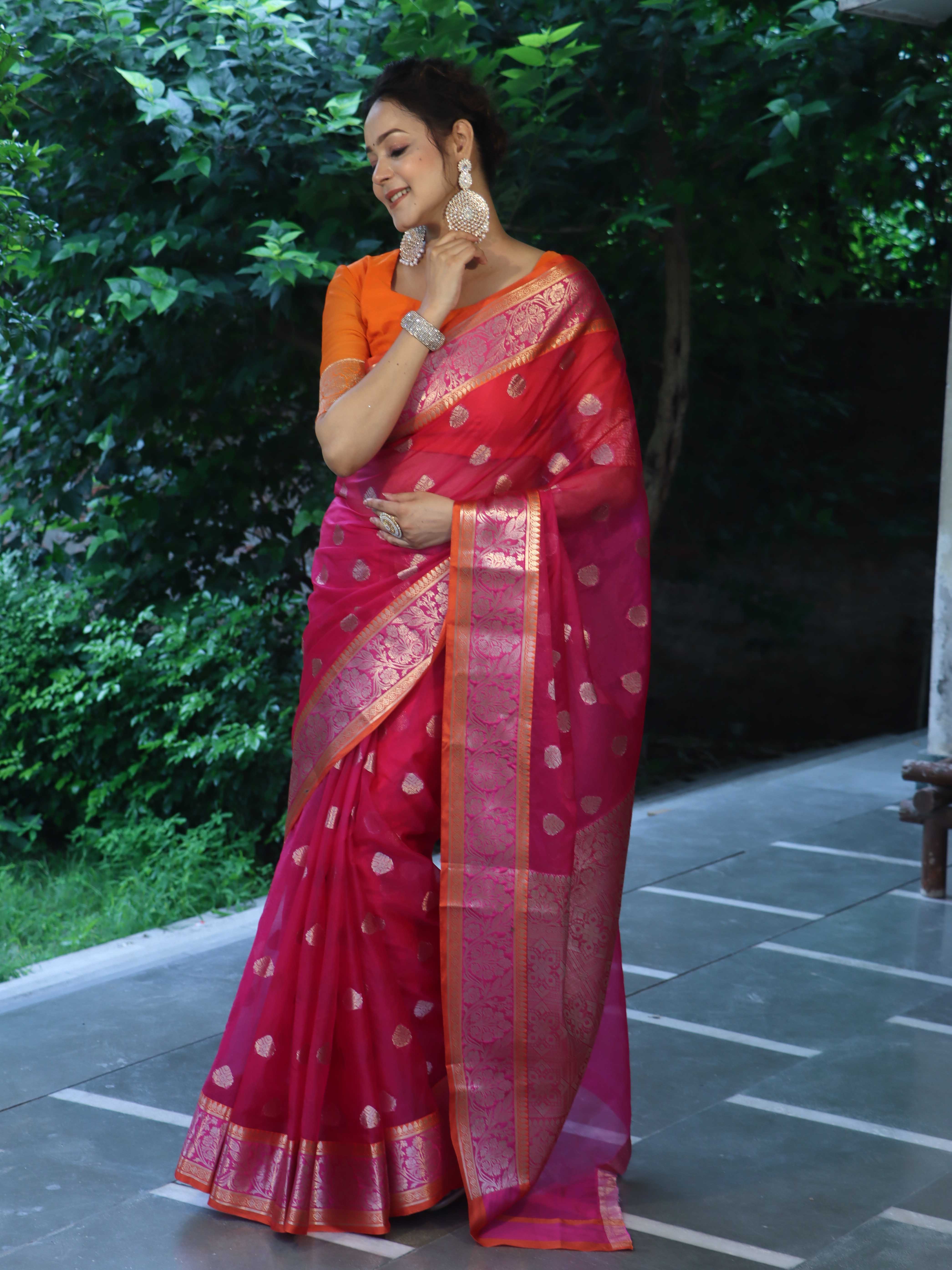 Banarasee Organza Mix Saree With Zari Buta Design & Contrast Border-Pink