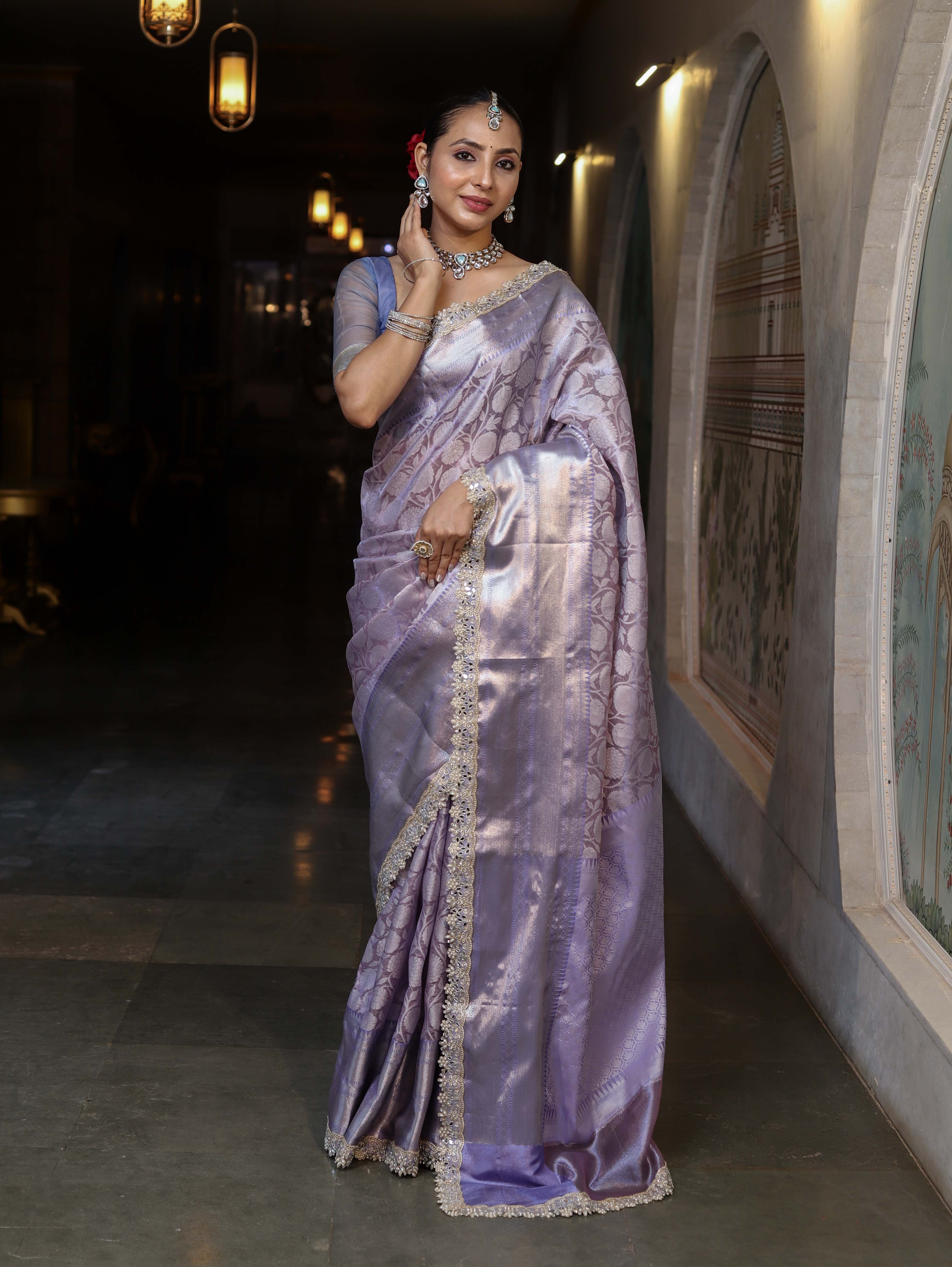 Banarasee Handwoven Tissue Saree With Zari Woven Design Contrast Border & Lace-Lavender & Light Blue