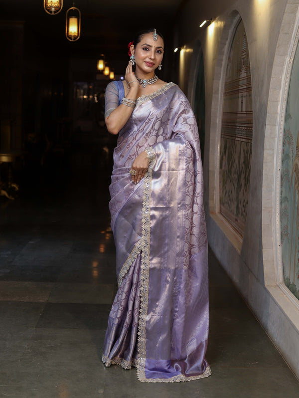 Banarasee Handwoven Tissue Saree With Zari Woven Design Contrast Border & Lace-Lavender & Light Blue