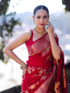 Banarasee Semi Chiffon Saree With Floral Zari Work & Border-Maroon