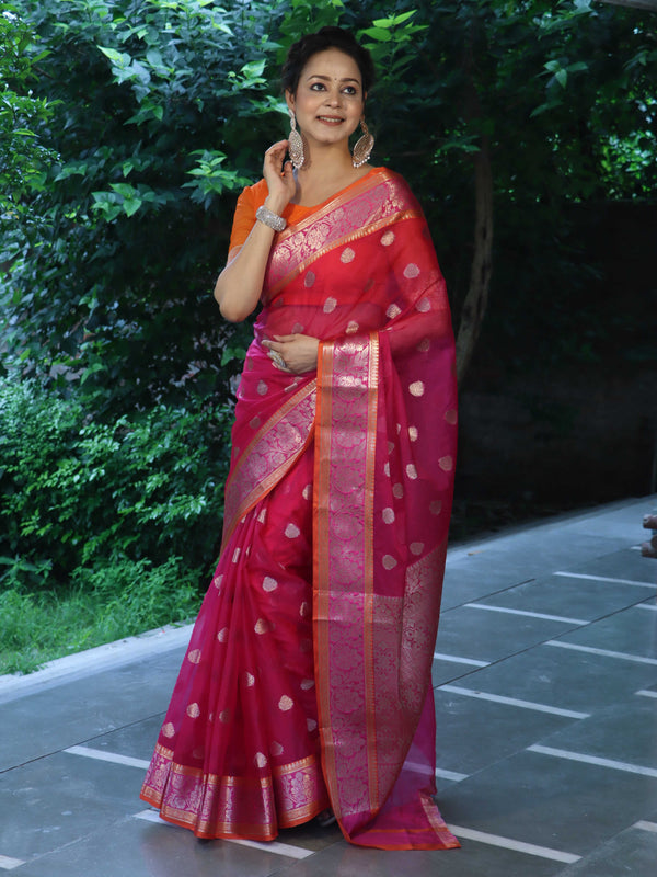 Banarasee Organza Mix Saree With Zari Buta Design & Contrast Border-Pink
