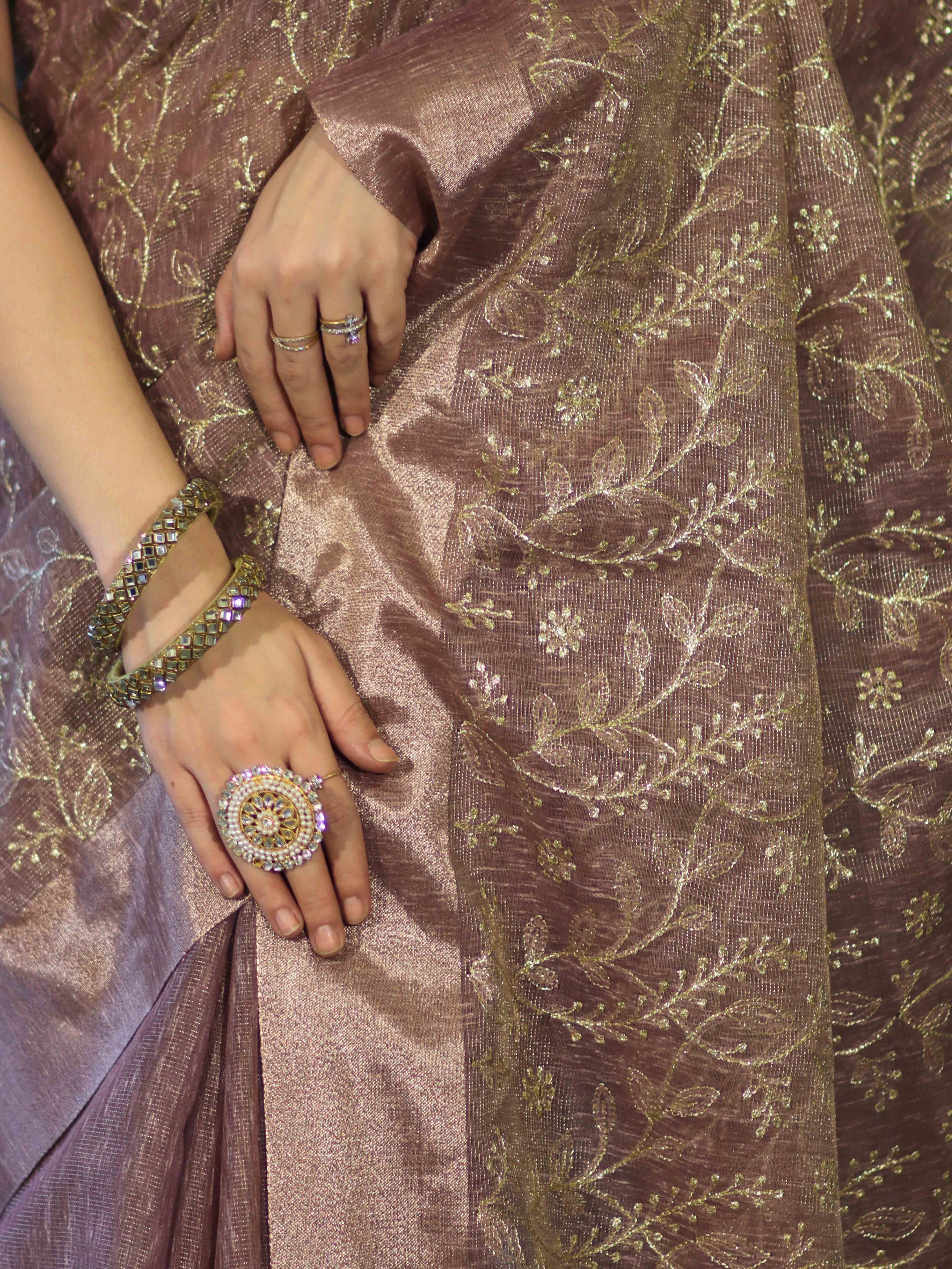 Banarasee Handloom Tissue Saree With Zari Thread Floral Embroidery & Border-Mauve