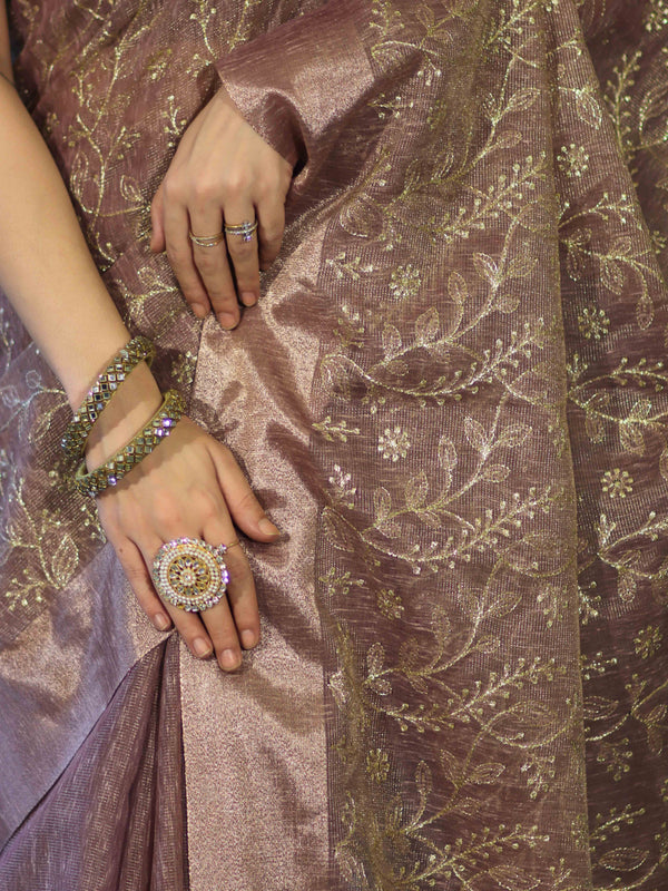 Banarasee Handloom Tissue Saree With Zari Thread Floral Embroidery & Border-Mauve