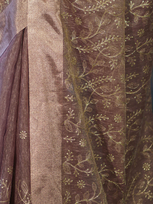 Banarasee Handloom Tissue Saree With Zari Thread Floral Embroidery & Border-Mauve