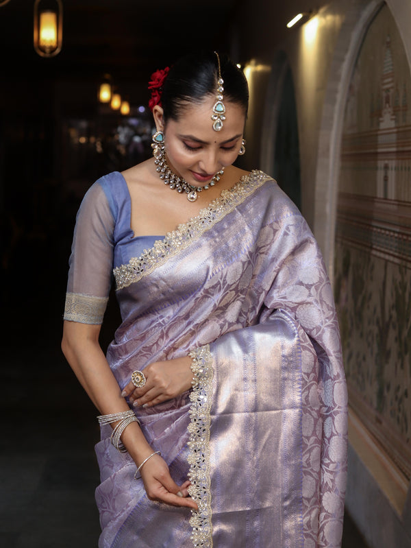 Banarasee Handwoven Tissue Saree With Zari Woven Design Contrast Border & Lace-Lavender & Light Blue