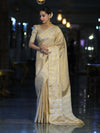Banarasee Handloom Dual Tone Shimmer Silk Saree With Buti Design & Temple Border-Beige (Gold Tone)