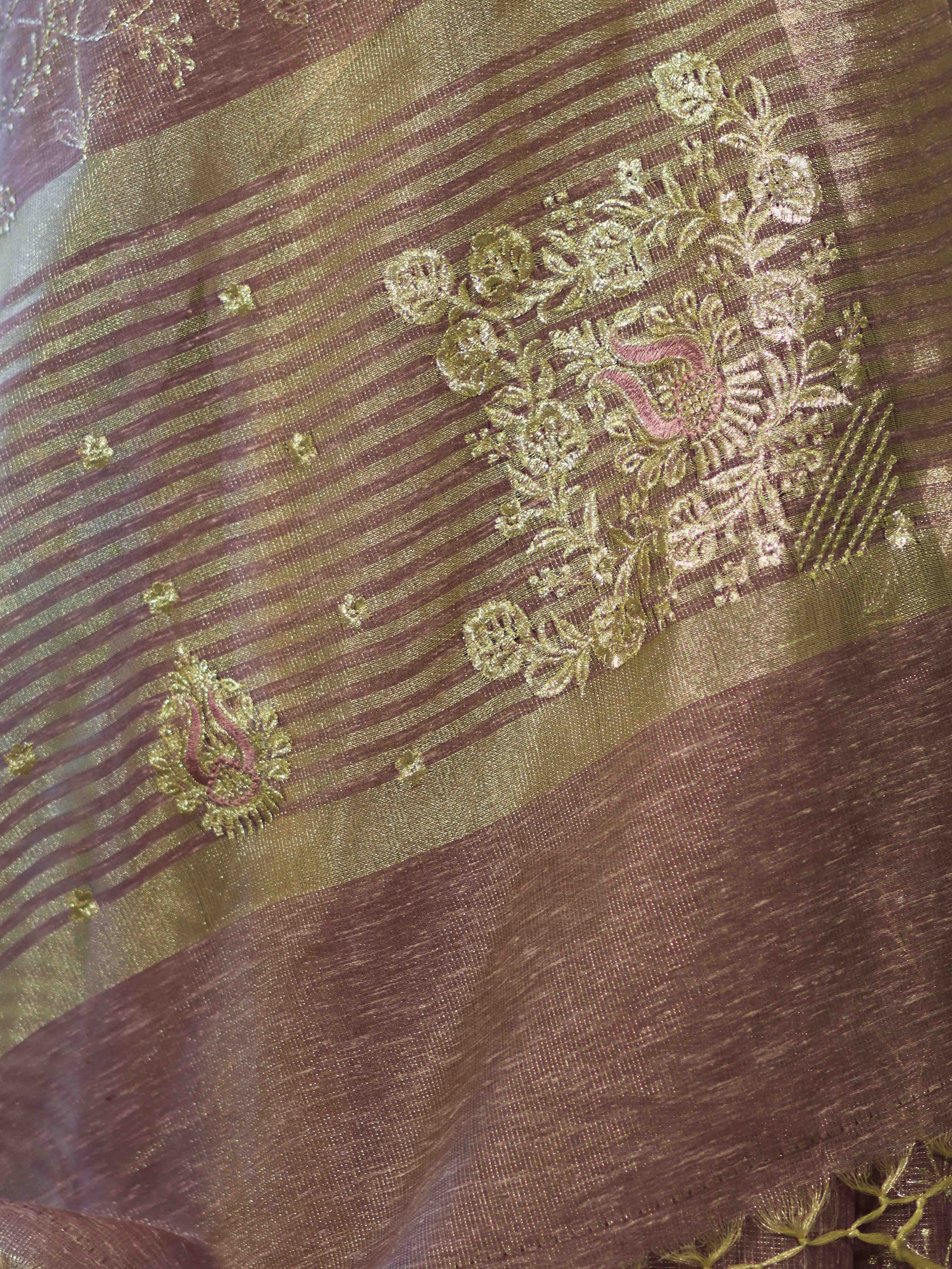 Banarasee Handloom Tissue Saree With Zari Thread Floral Embroidery & Border-Mauve